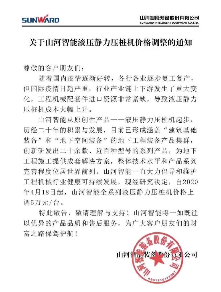 关于9001cc金沙以诚为本智能液压静力压桩机价钱调解的通知